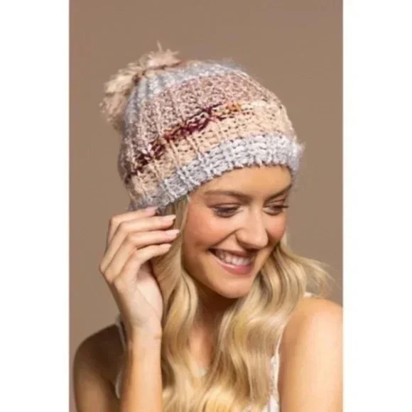 Blush Cozy Knitted Striped Pompom Winter Knit Beanie Women's Hat - Picture 2 of 5